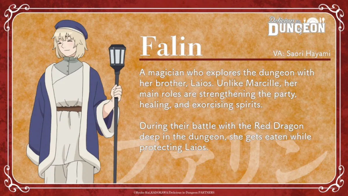 An official image of Falin describing his character. He wears a hat and cloak. The image is part of an article on all the English dub actors and cast list for Delicious in Dungeon.