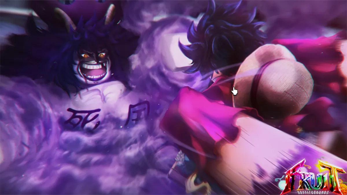 A header image for the Fruit Battlegrounds game in Roblox showing a Luffy knock off fighting a villain.