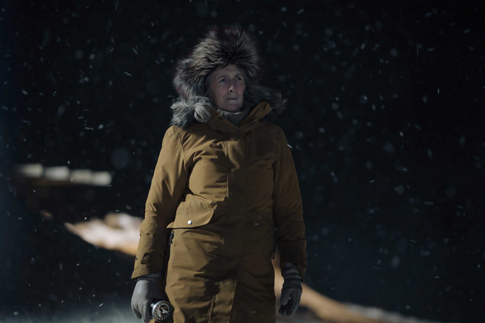 Fiona Shaw in True Detective. This image is part of an article about the major actors and the cast list for True Detective Season 4.