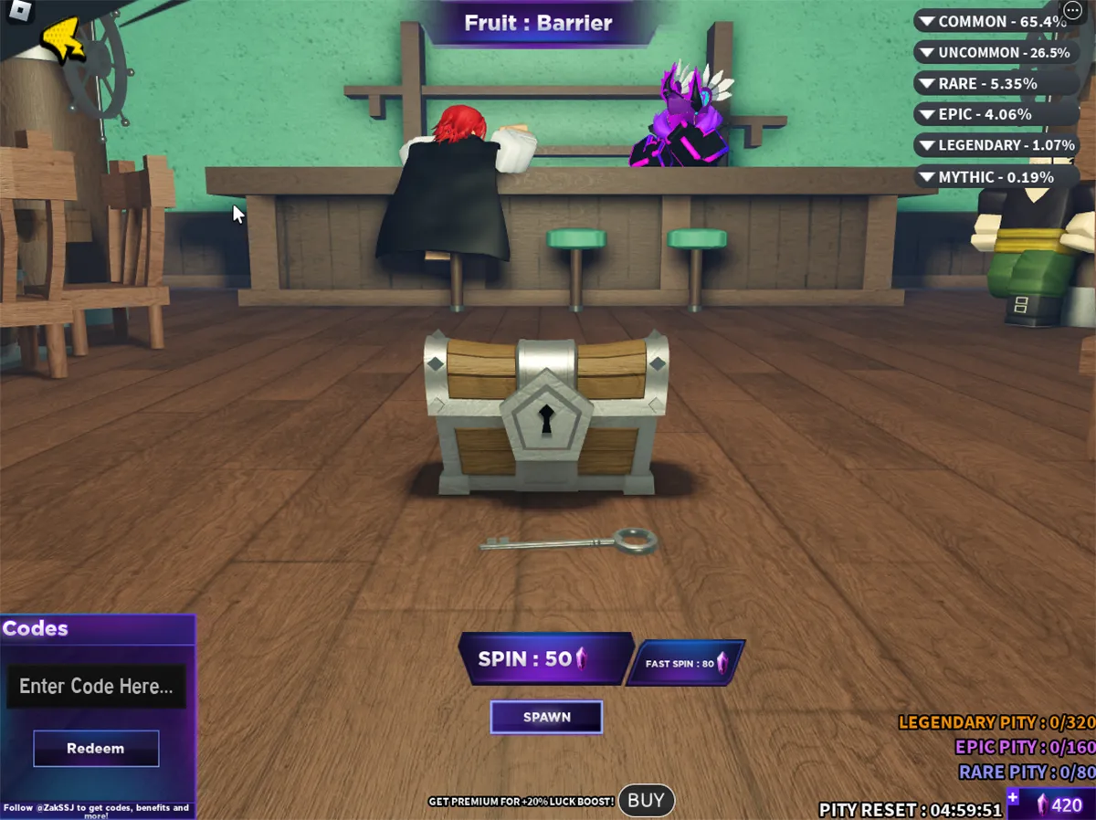 An image showing a chest in the middle of the screen with a key just below it. There are buttons allowing someone to hit spin. The image is part of an article on all the codes for Fruit Battlegrounds in Roblox.