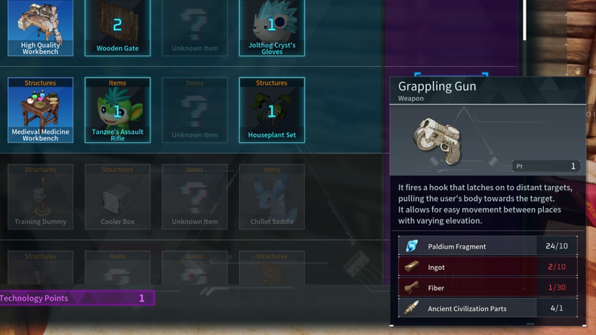 Palworld, showing the crafting ingredients for the grappling gun. 