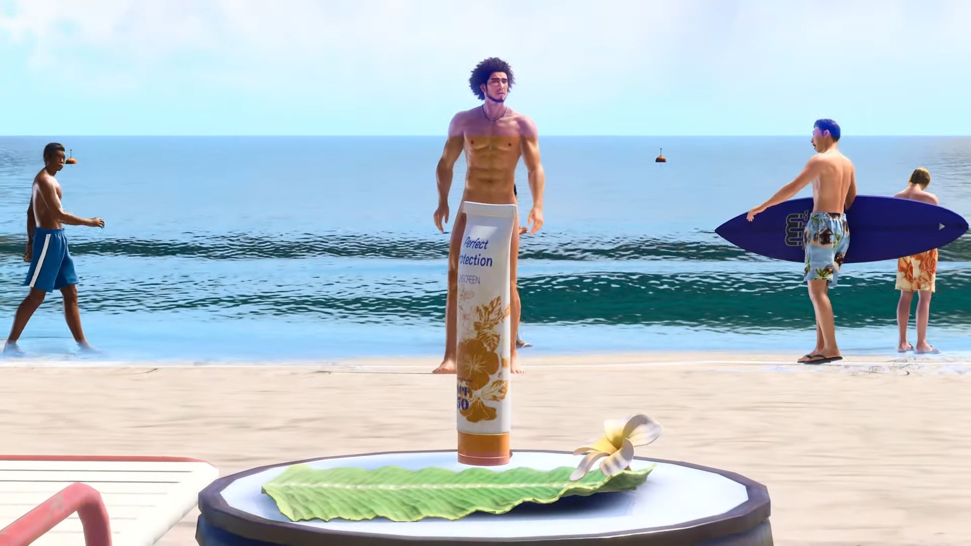 ichiban standing on the beach in the buff
