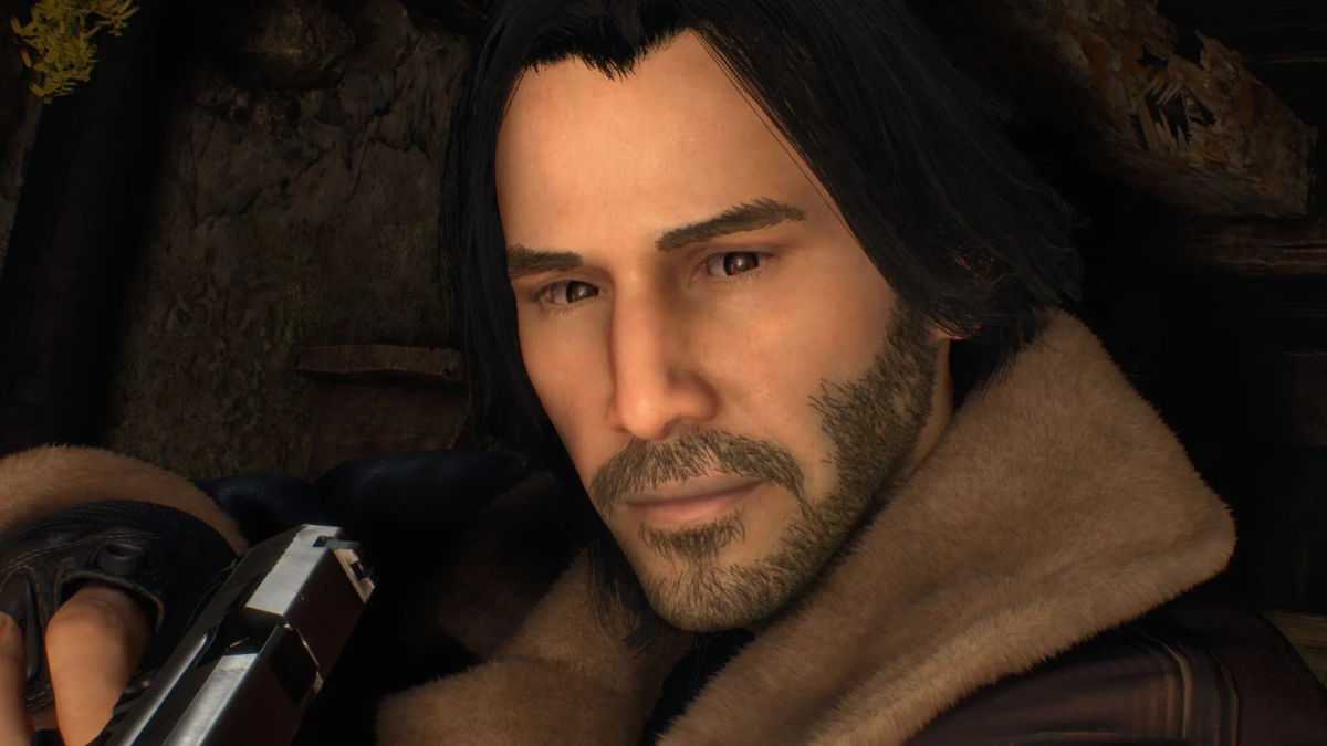 Keanu Reeves as Leon S. Kennedy. This image is part of an article about the best Resident Evil 4 (RE4) remake mods.