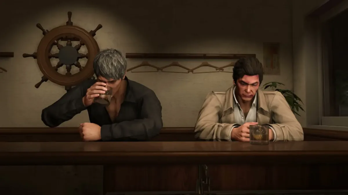 Kiryu drinking at a bar in Like a Dragon. This image is part of an article about What Happens to Kiryu Kazuma in Like a Dragon: Infinite Wealth