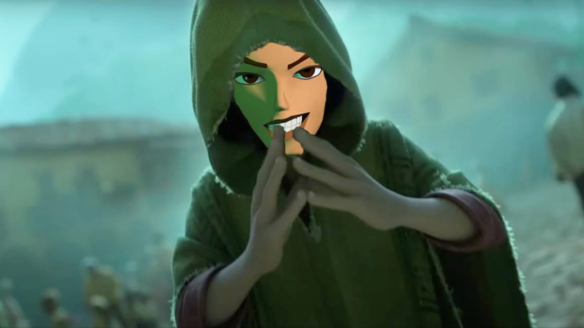 Lara Croft in Bruno's green hood from Encanto