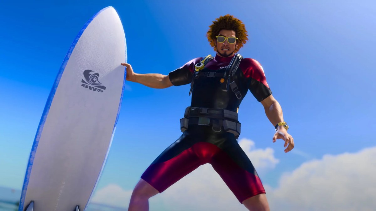 Ichiban Kasuga with a surfboard. This image is part of an article about which Sujimon starter you should choose in Like a Dragon: Infinite Wealth.