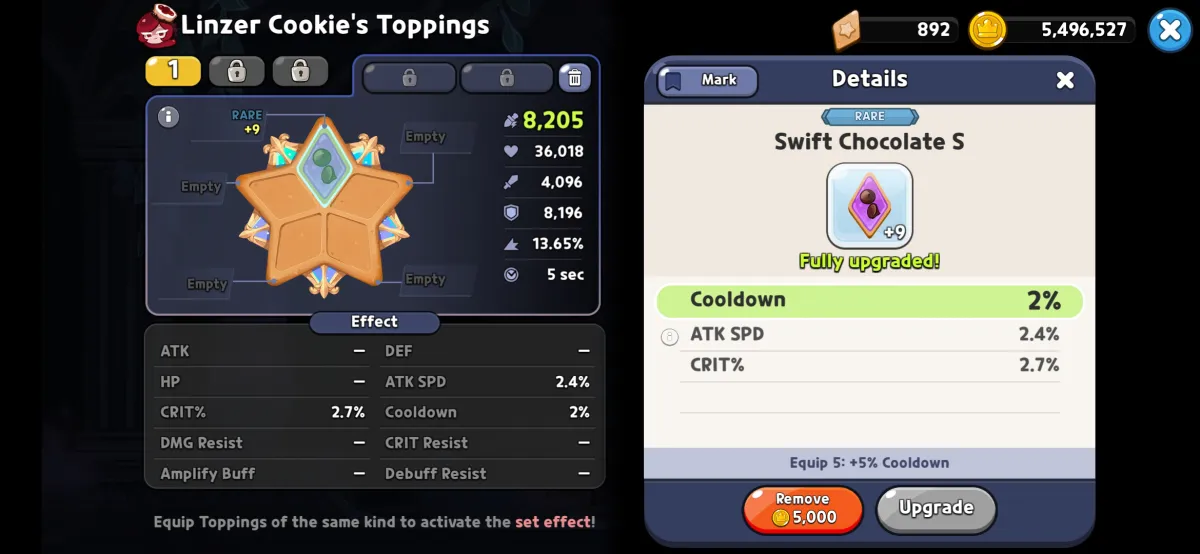 An image showing the best toppings for Linzer Cookie in Cookie Run Kingdom as part of a guide on that subject. It shows two screens, one of which has Swift Chocolate in it. The other shows her stats.