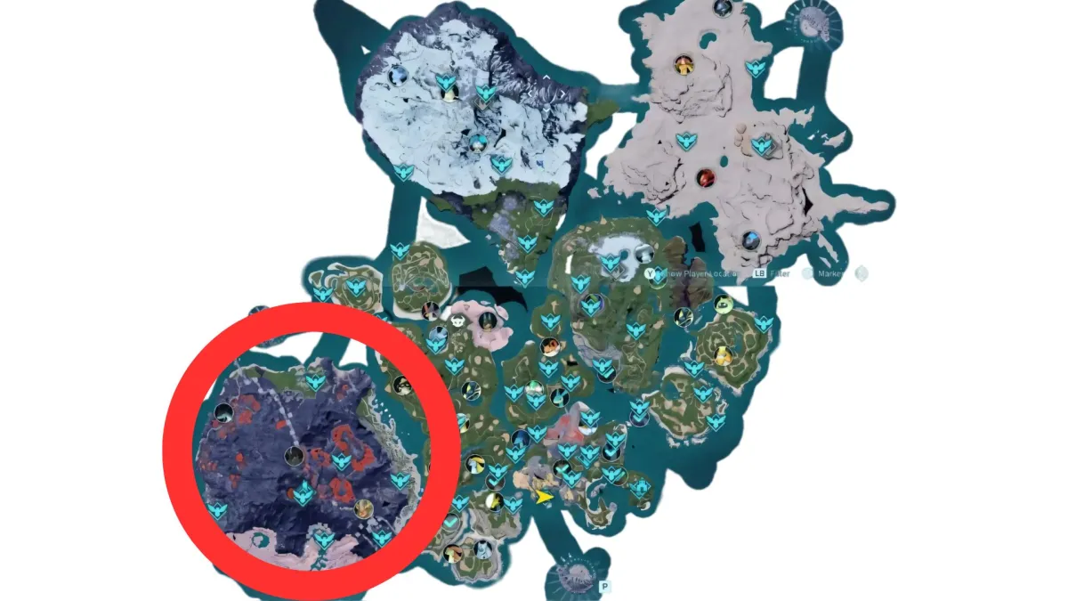 A map of Palworld with a red circle on it. This image is part of an article about where to find Huge Dragon Eggs in Palworld. 