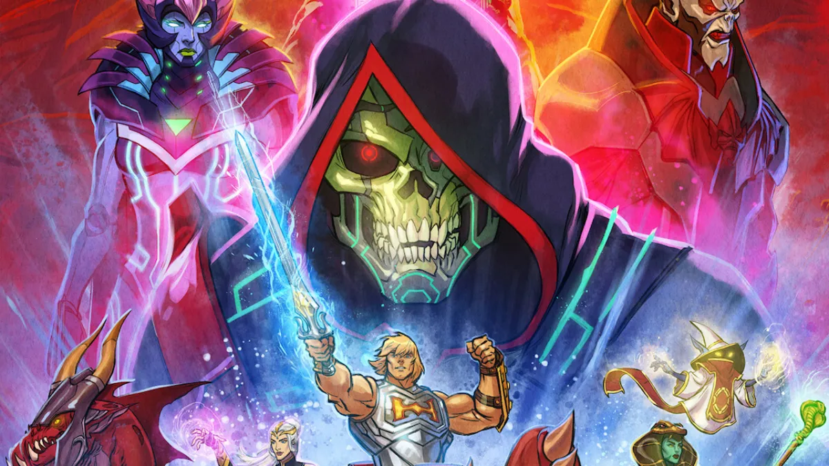 Skeletor from Masters of the Universe: Revolution, looming over He-Man.
