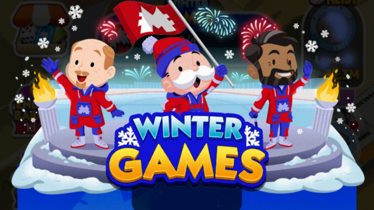 A header for the Winter Games event in Monopoly GO that shows Mr. Monopoly and two friends on a skating rink.