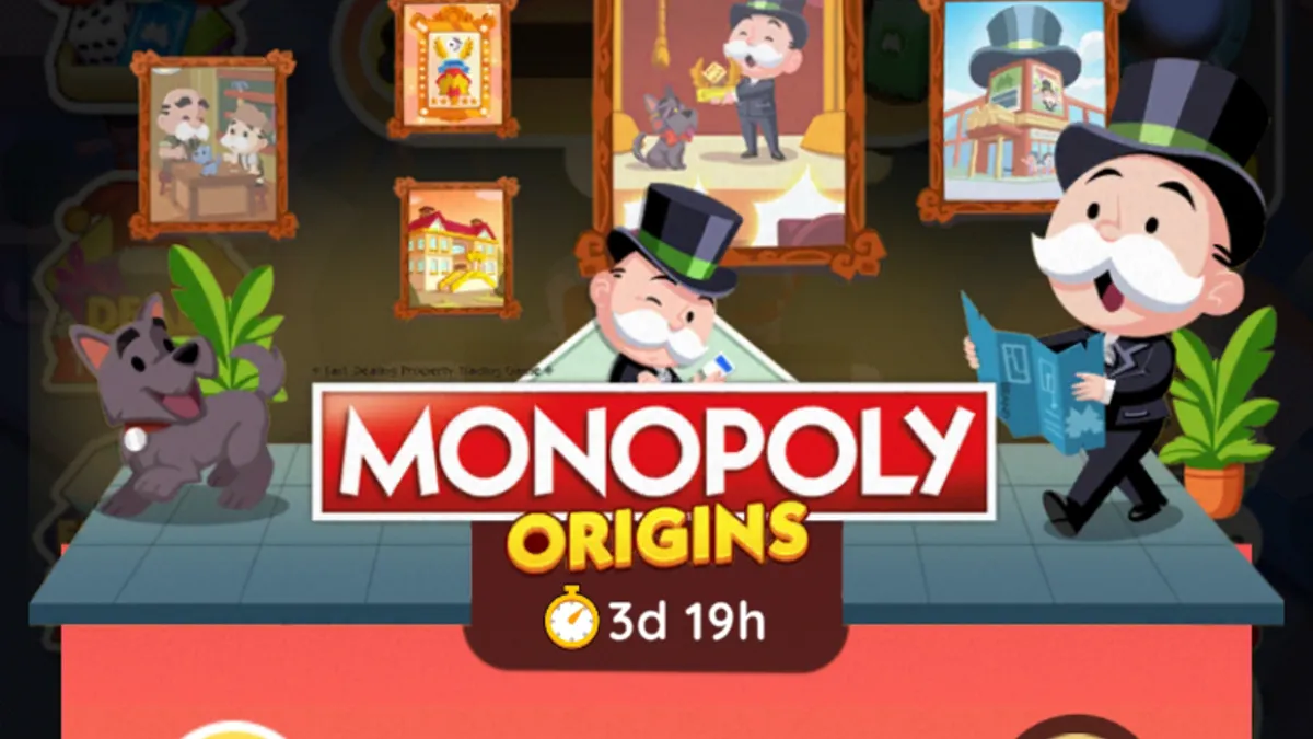 A header for the Monopoly Origins event in Monopoly GO showing Mr. Monopoly standing near some paintings and the logo for the event.