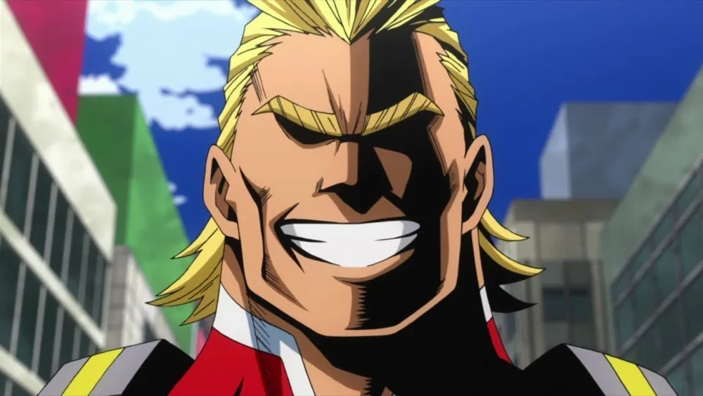 All Might smiling. This image is part of an article about the strongest characters in My Hero Academia, ranked.