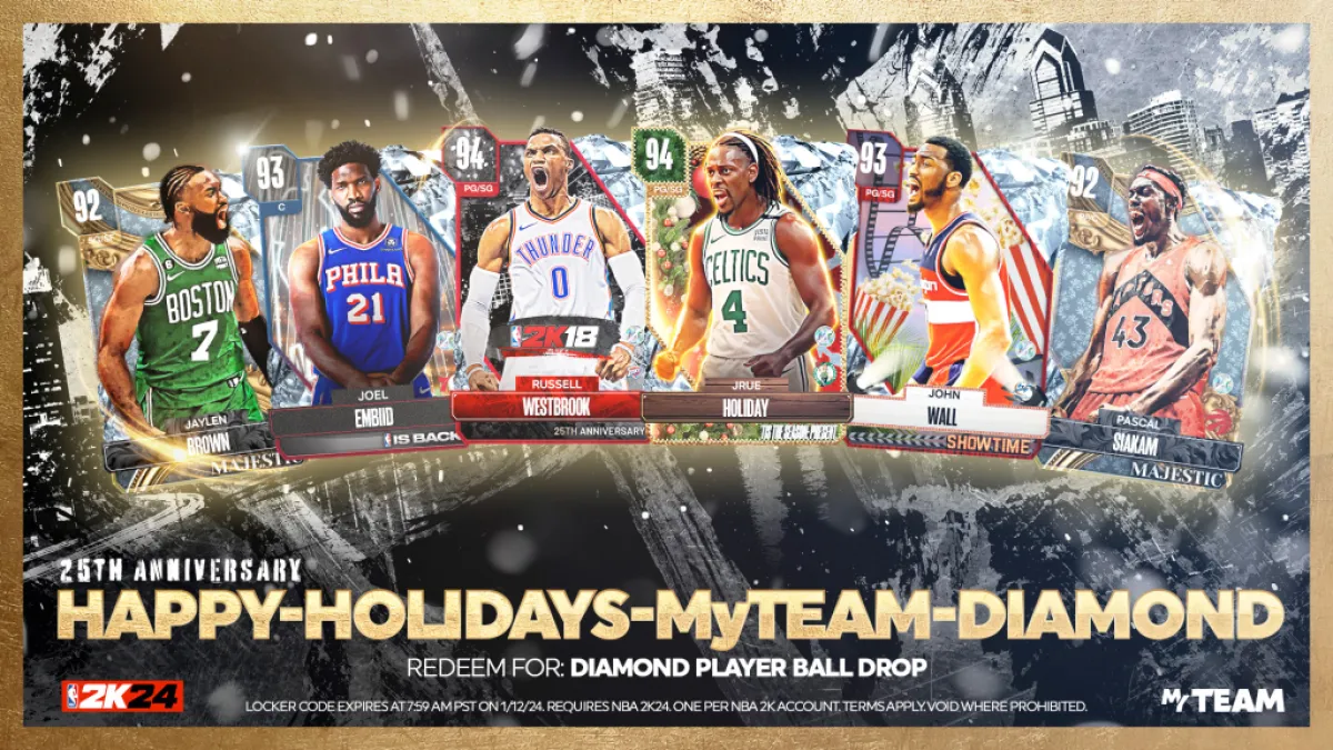An image of a locker code reveal for the MyTEAM screen in NBA 2K24. The image shows multiple basketball players on cards and a code for the game.
