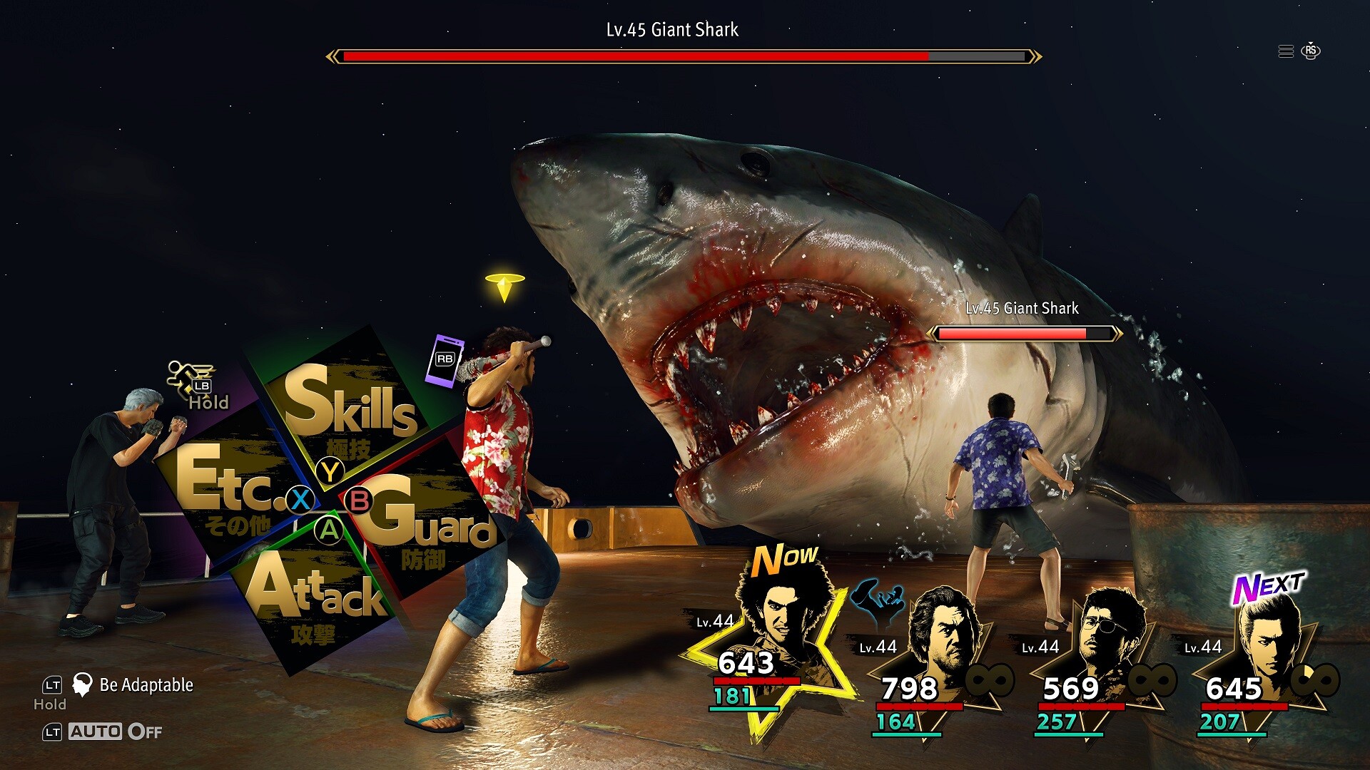 Players fighting a shark in Like a Dragon: Infinite Wealth. 