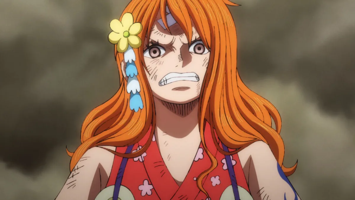 Nami looking angry. This image is part of an article about all of the major English dub actors and the cast list for One Piece.