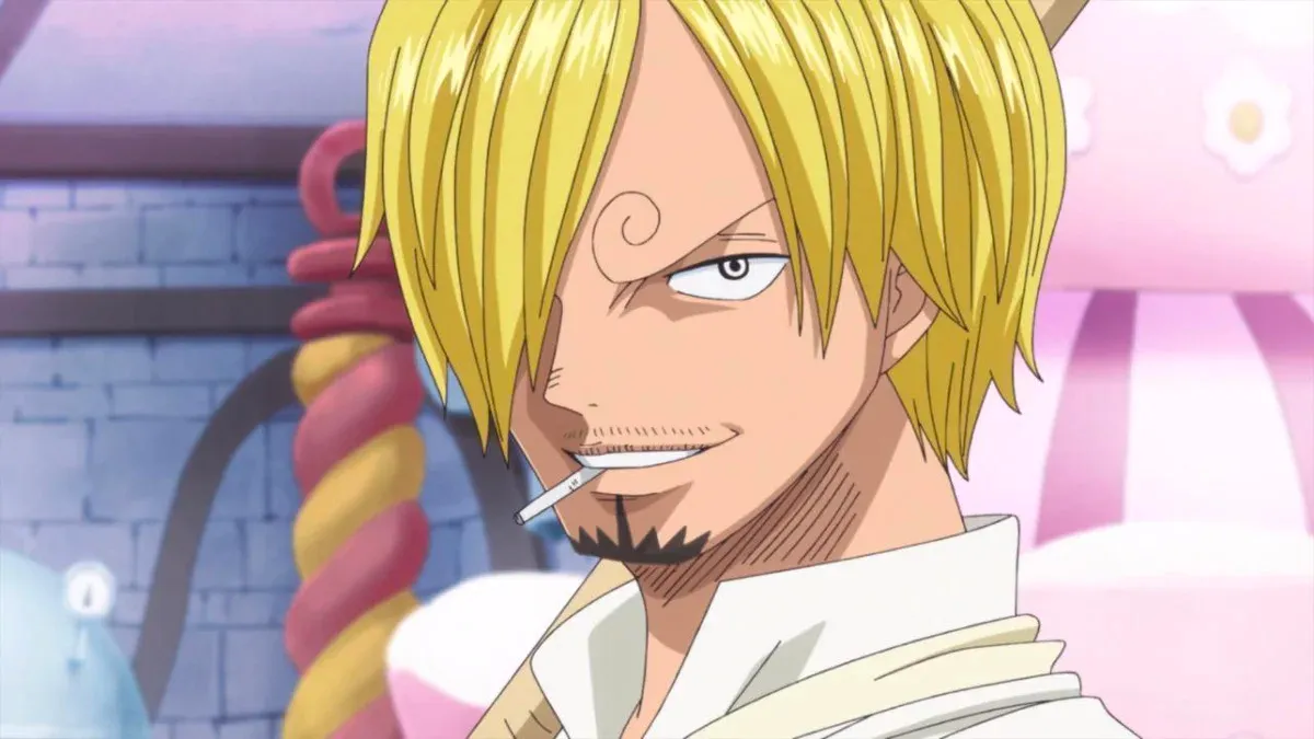 Sanji sonriendo.  Esta imagen es parte de un artículo sobre los principales actores de doblaje en inglés y la lista de actores de One Piece.