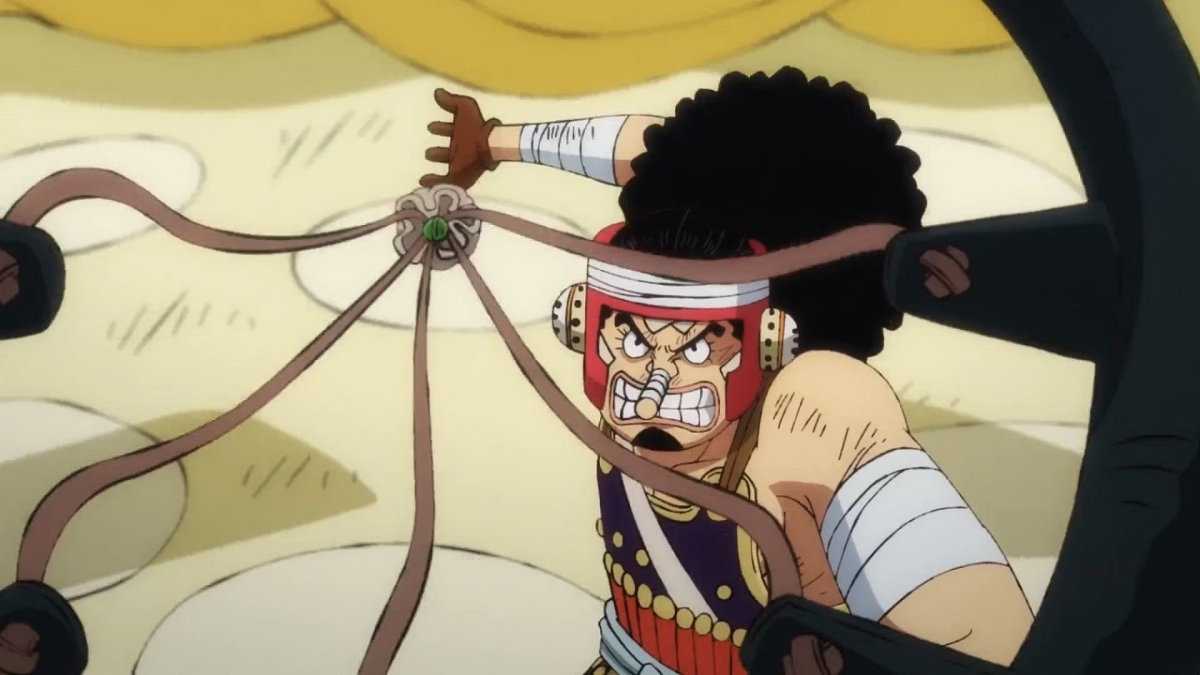 Usopp about to fire a shot. This image is part of an article about all of the major English dub actors and the cast list for One Piece.