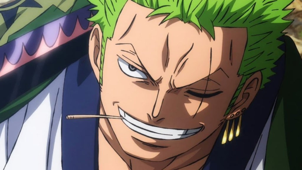Zoro sonríe con un palillo.  Esta imagen es parte de un artículo sobre los principales actores de doblaje en inglés y la lista de actores de One Piece.