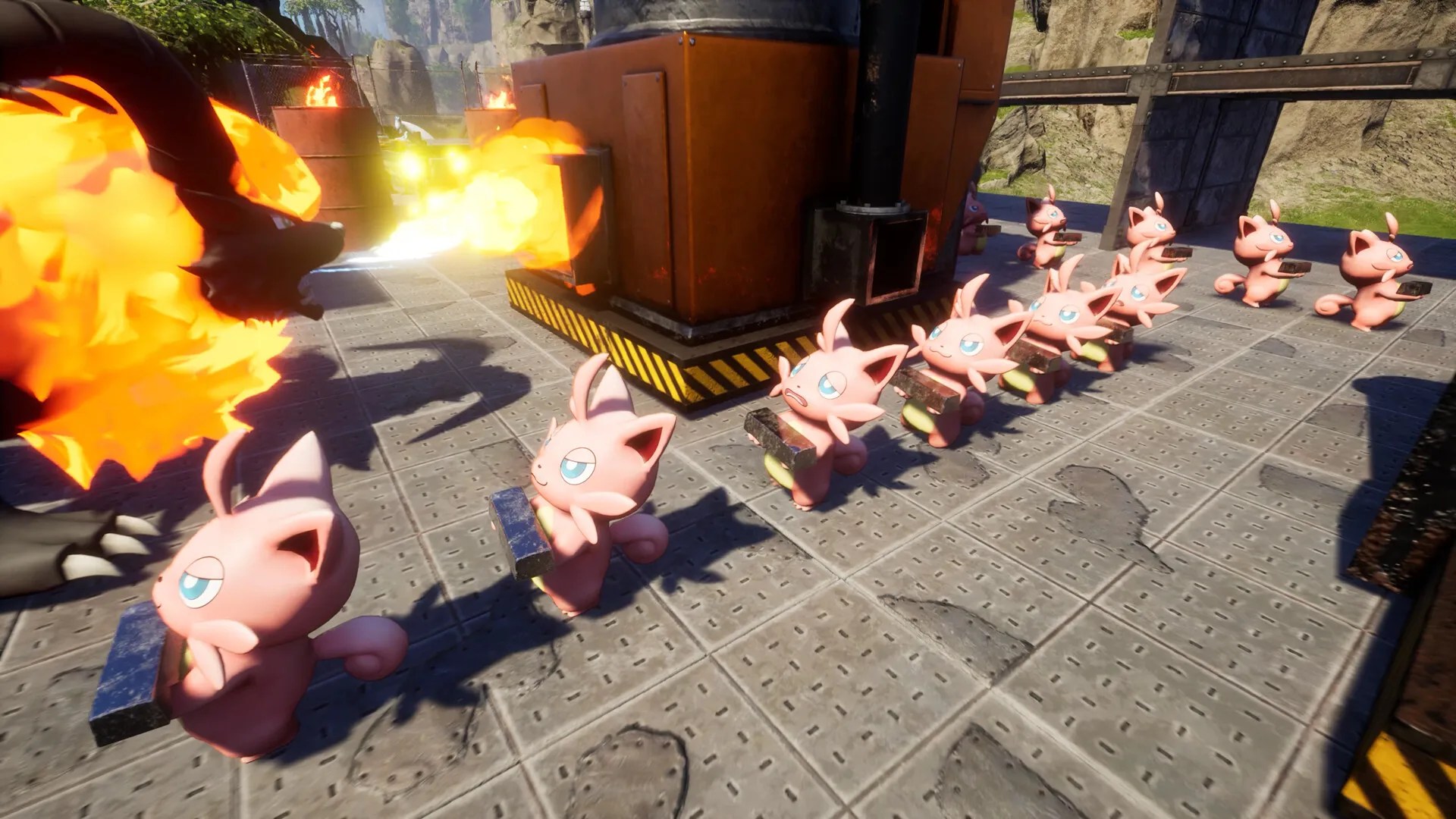 A line of Cattiva working in Palworld. This image is part of an article about how to cure overfull in Palworld.
