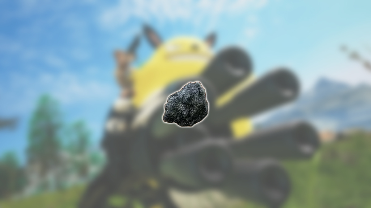 An image of the coal resource in Palworld against a blurred backdrop showing one of the Pals with a gatling gun.