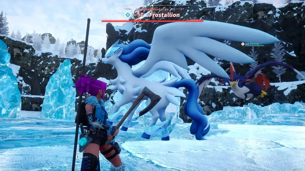 Frostallion around ice in Palworld. This image is part of an article about the fastest flying mounts in Palworld, ranked.