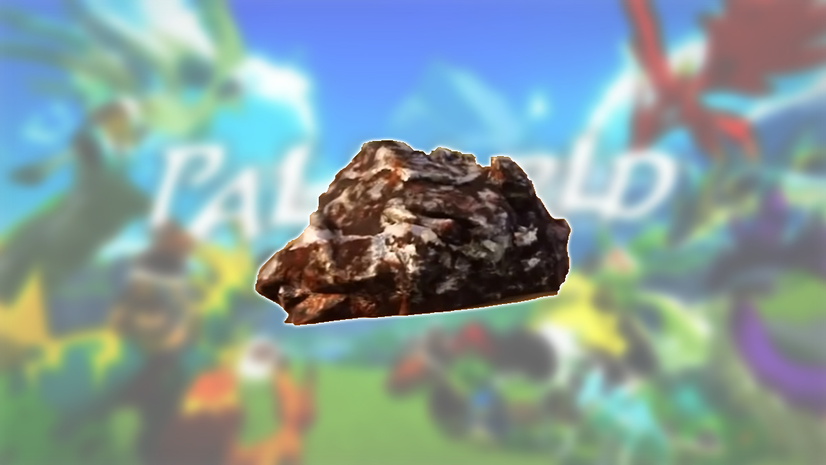 An image showing what an Ore deposit looks like in Palworld against a blurry background. The image is part of a guide to how to get and farm ore in Palworld.