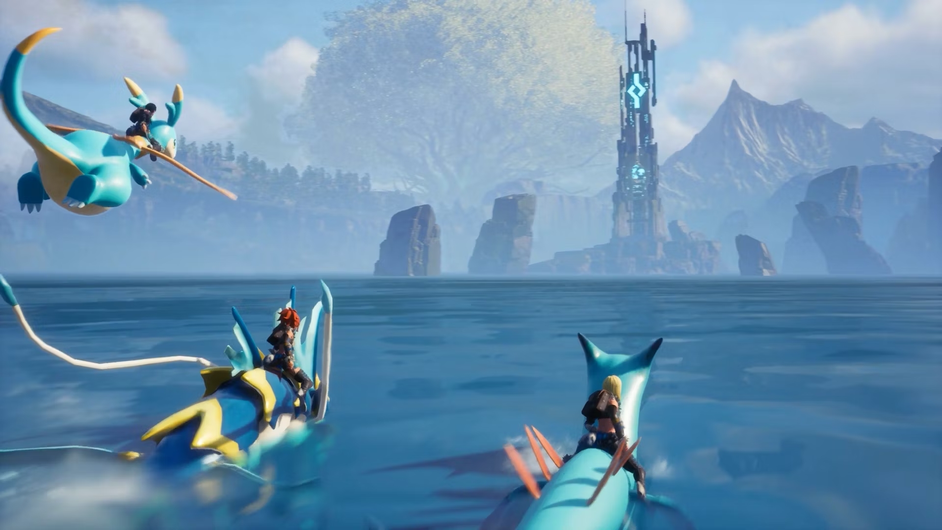Characters riding Pals in the water in Palworld. This image is part of an article about the best base locations in Palworld.