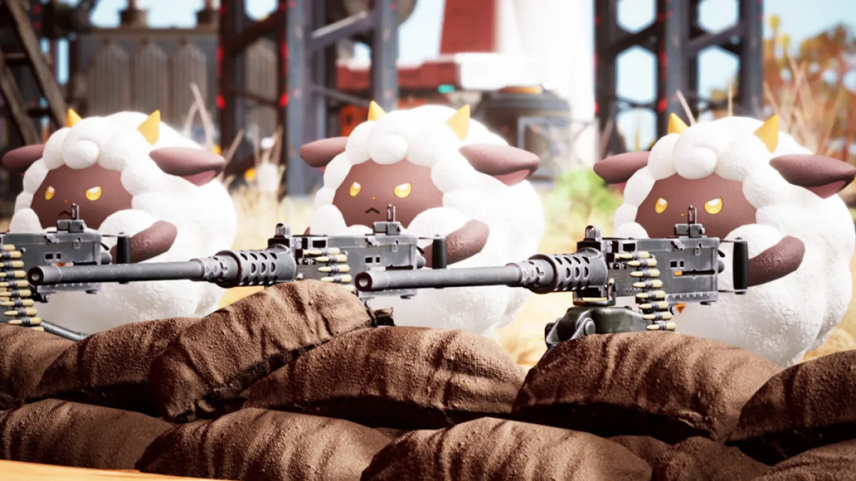 Three sheep-like creatures in a machine gun nest, each with a gun. This image was used as part of an article on if Palworld would eventually come to PlayStation 4 and PS5.