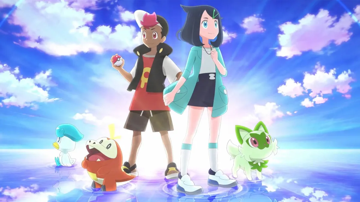The stars of Pokémon Horizons with some Pokémon.
