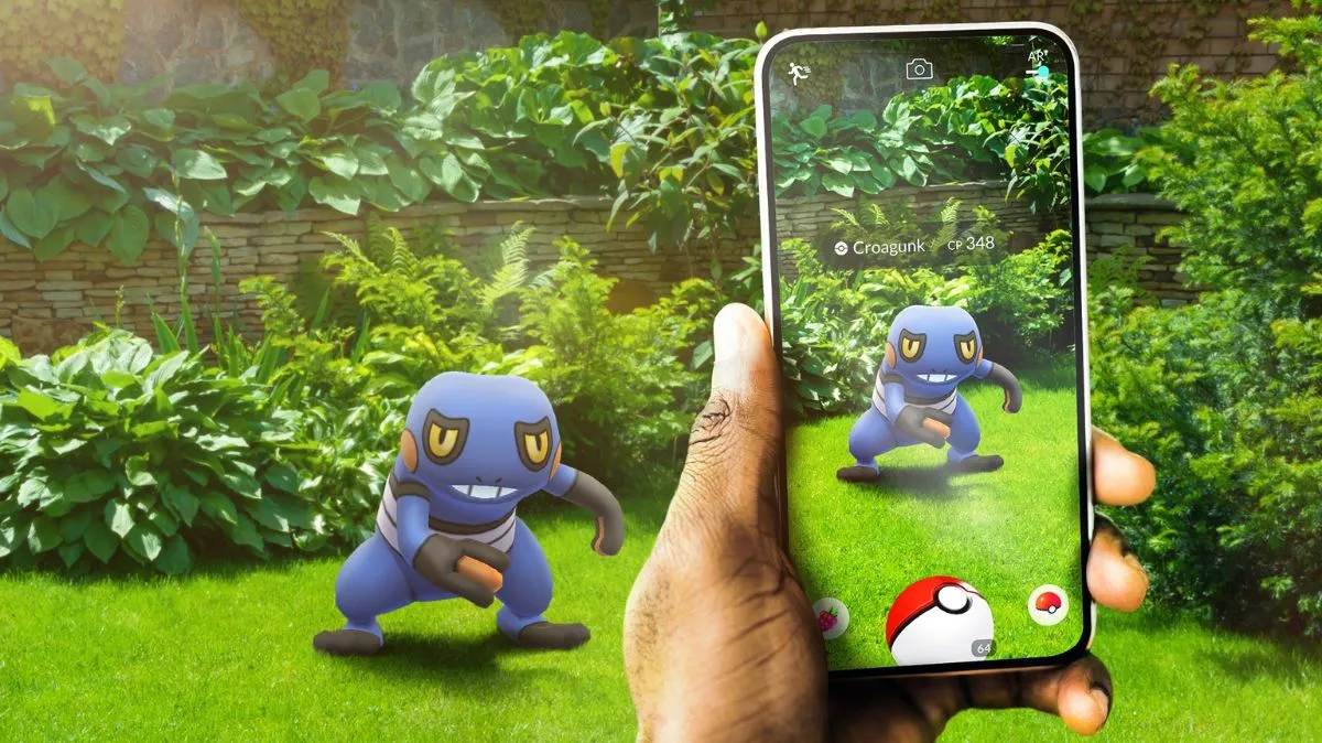A player catching a Croagunk in Pokemon GO. This image is part of an article about Pokémon GO Friend Codes - Add Friends & Share Friend Codes.
