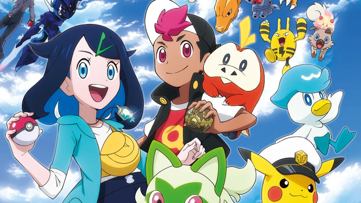 Several cartoony characters alongside some Pokemon.
