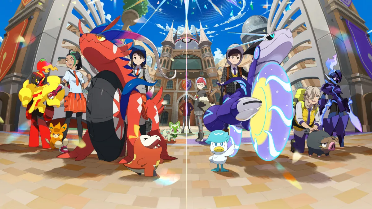 an image of several pokemon and trainers from scarlet and violet. This image is part of an article about how for better or worse, Palworld won't influence Pokemon at all.