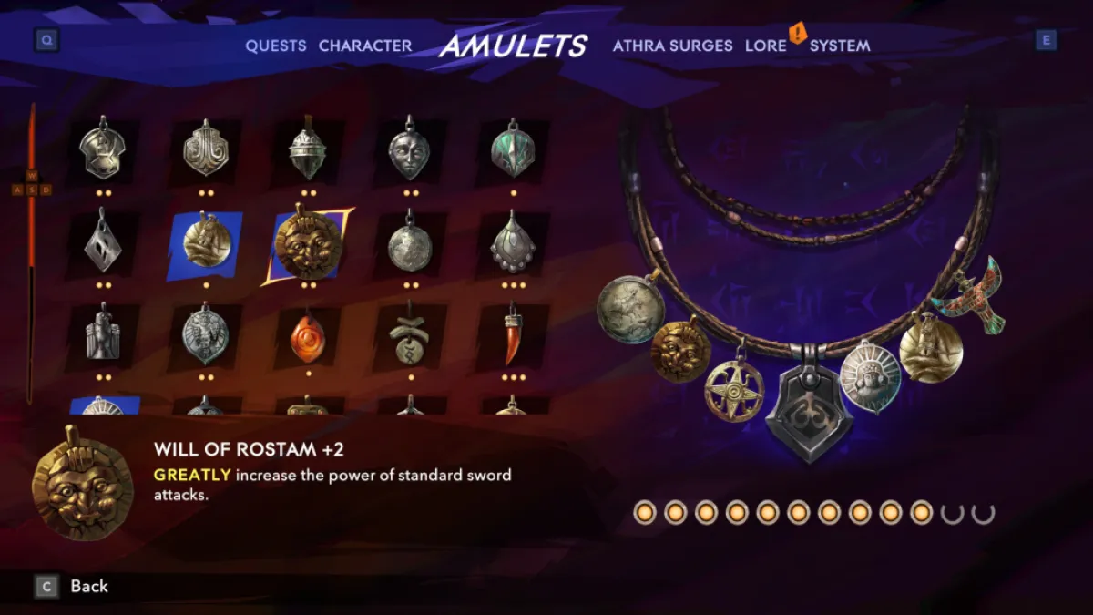 The amulets screen in Prince of Persia The Lost Crown, focusing on the Will of Rostam amulet.