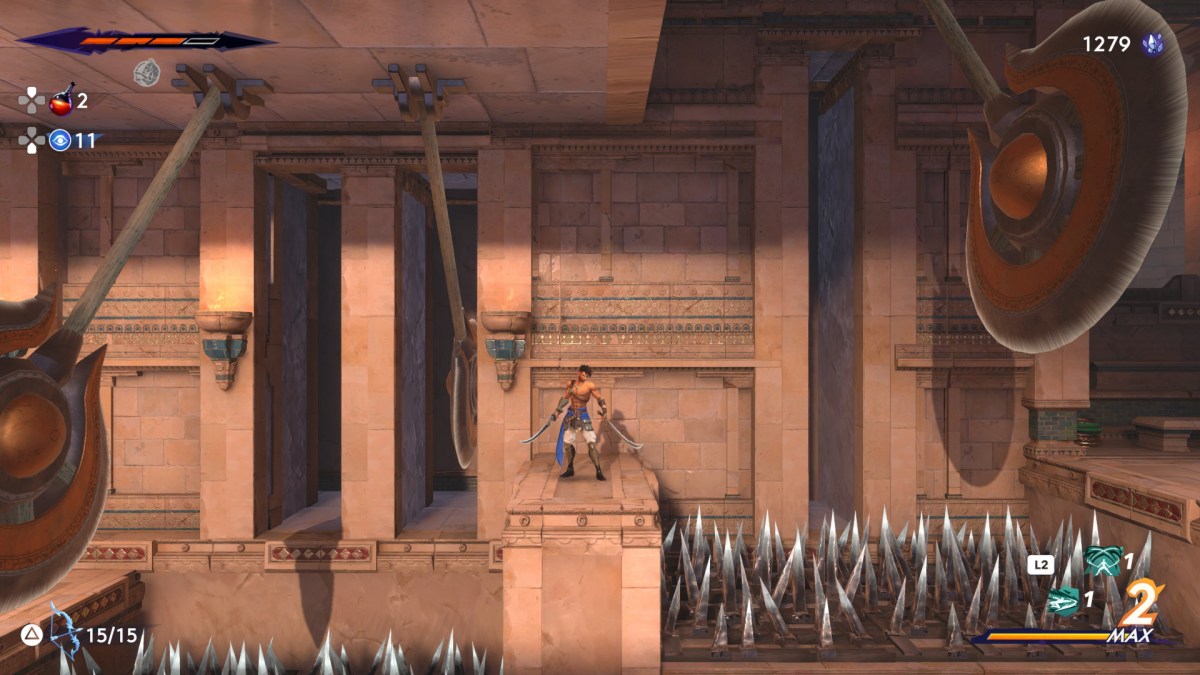 An image from Prince of Persia: The Lost Crown showing Sargon waiting in front of a spike pit as part of a review of the game.