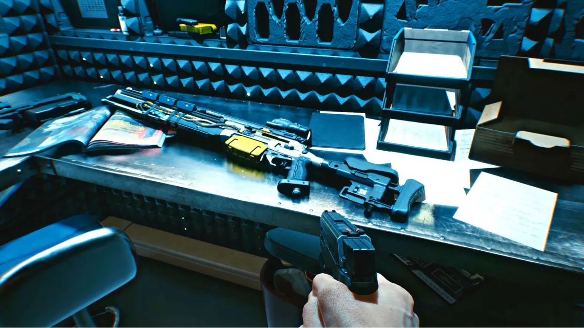 A shotgun on a desk in Cyberpunk 2077