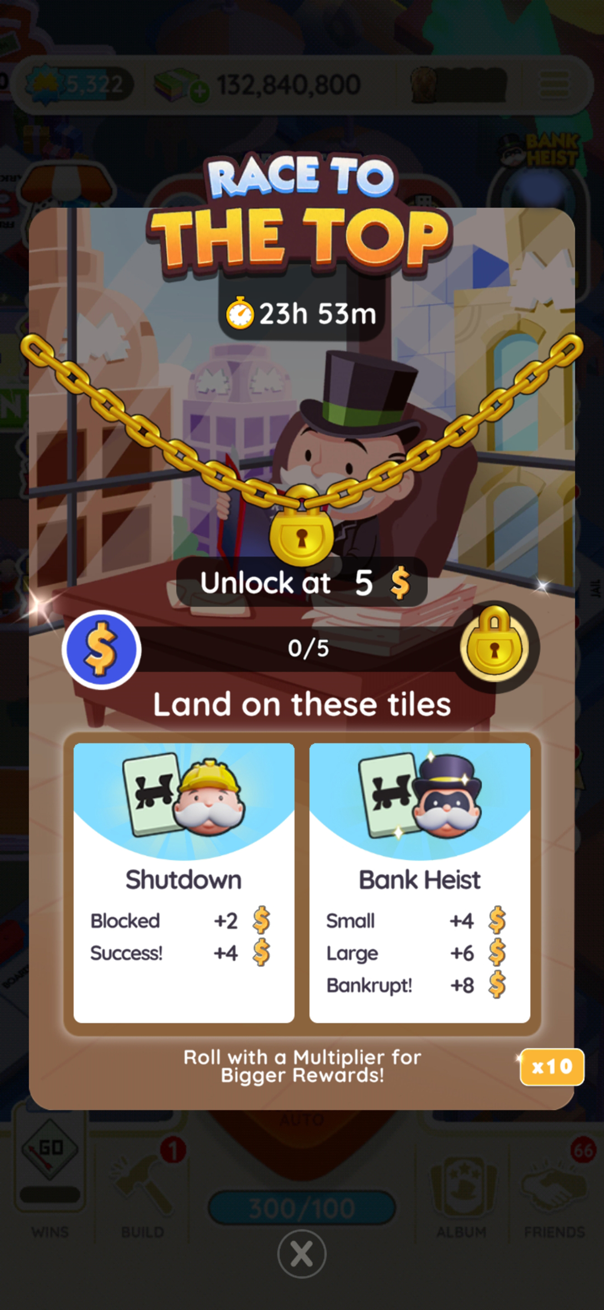 A header image for the Race to the Top tournament in Monopoly GO that shows the logo for the tournament and the time remaining.  The image is part of a list of all the rewards and milestones that are part of the Race to the Top event in Monopoly GO