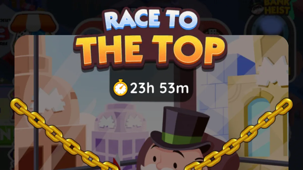 A header image for the Race to the Top tournament in Monopoly GO that shows the logo for the tournament and the time remaining.