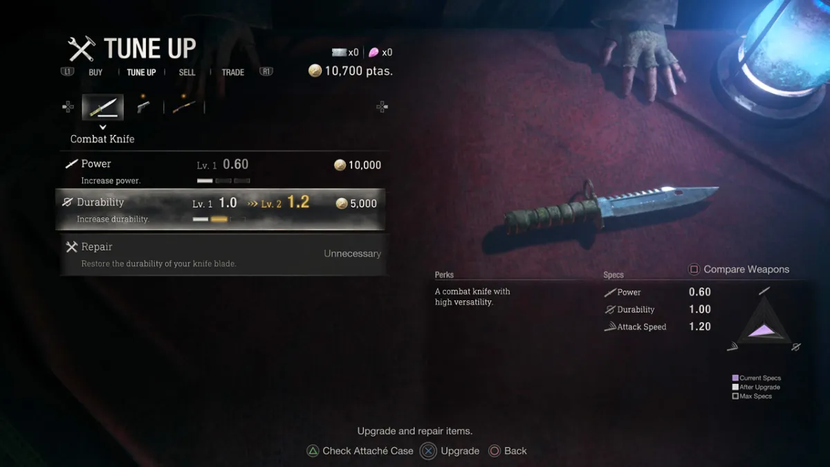 A screen from Resident Evil 4 showing the option to tune up and repair a knife. 