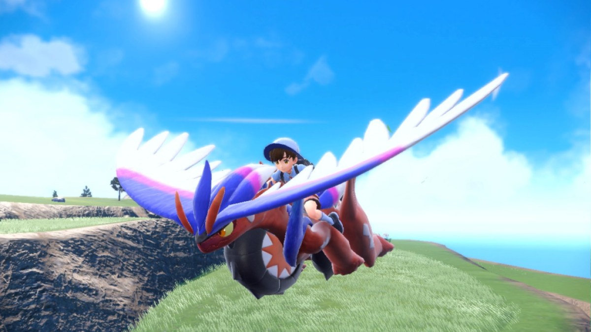 the player riding the pokemon koraidon. This image is part of an article about how there's only one Palworld feature I'd like to see Game Freak adopt