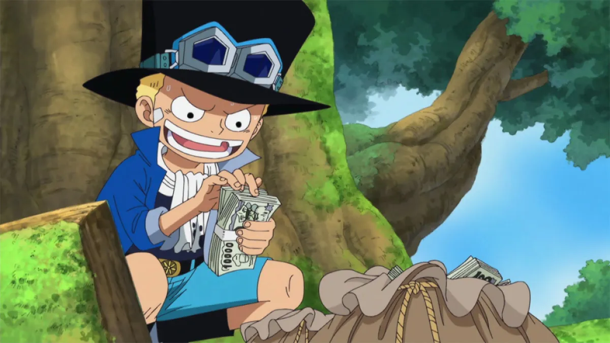 Sabo counting money in One Piece. This image is part of an article about who Sabo is in One Piece.