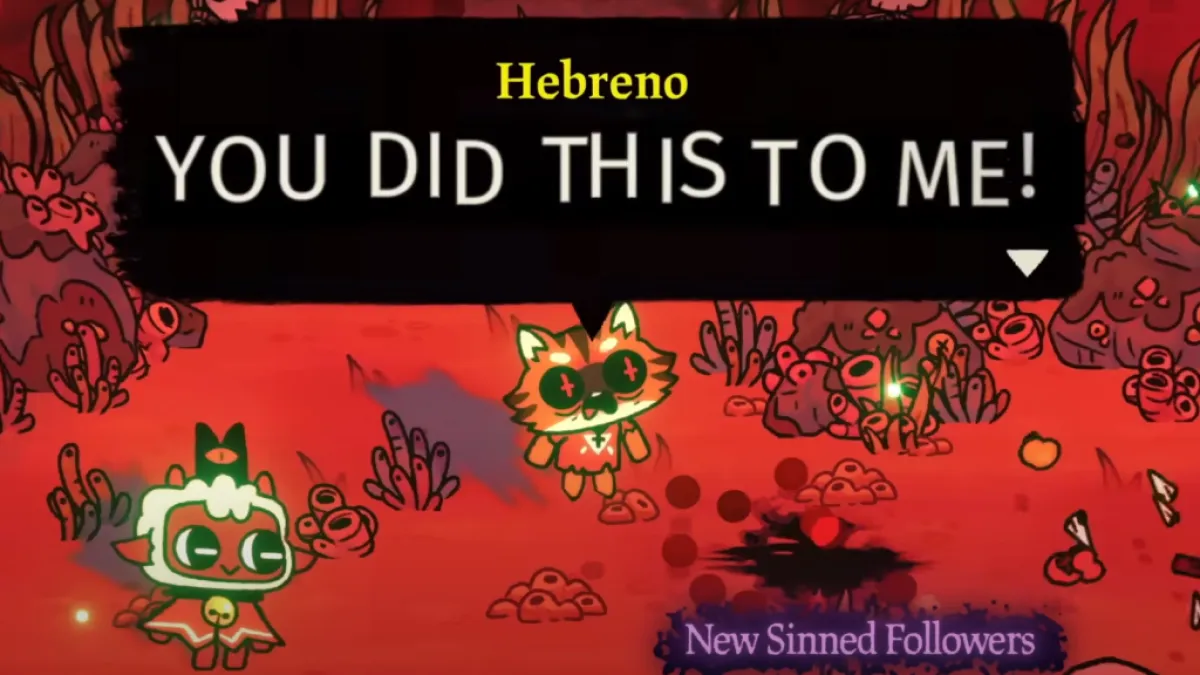 An image showing Hebreno yelling, "You did this to me," with a note on the bottom saying "new sinned followers." The image is part of a guide on everything in the Sins of the Flesh update in Cult of the Lamb and how to unlock and get that content.