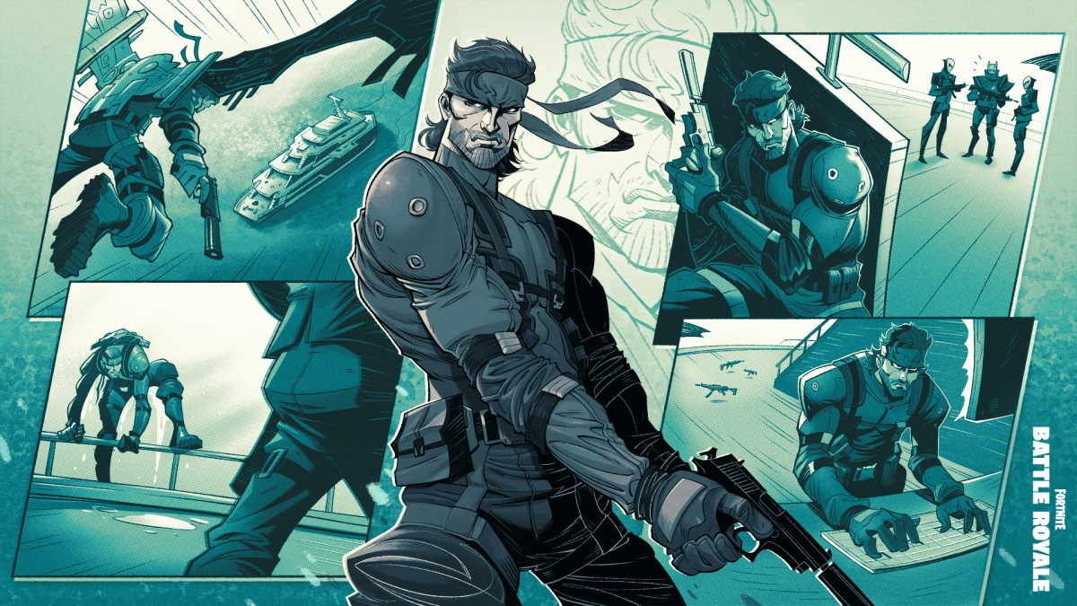 Solid Snake loading screen in Fortnite. This image is part of an article about how to find and hide in a Cardboard Box in Fortnite.