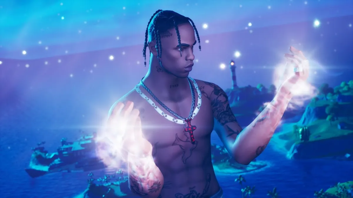 Travis Scott with glowing hands. This image is part of an article about whether the Travis Scott skin will ever come back to Fortnite.