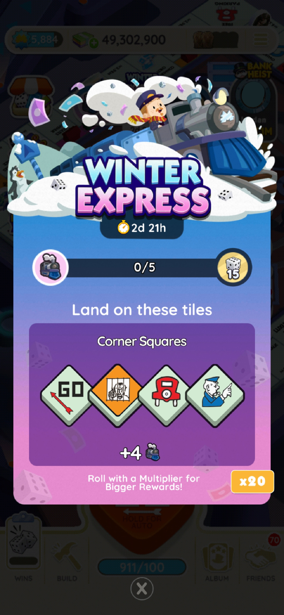 An image for the Winter Express event in Monopoly GO showing a man riding a train that cash is flying out of, which is part of an article on all the rewards and milestones for the event.