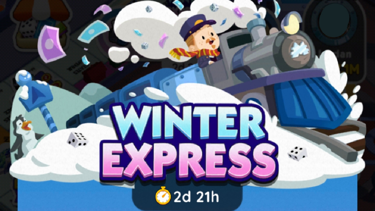 An image for the Winter Express event in Monopoly GO showing a man riding a train that cash is flying out of.