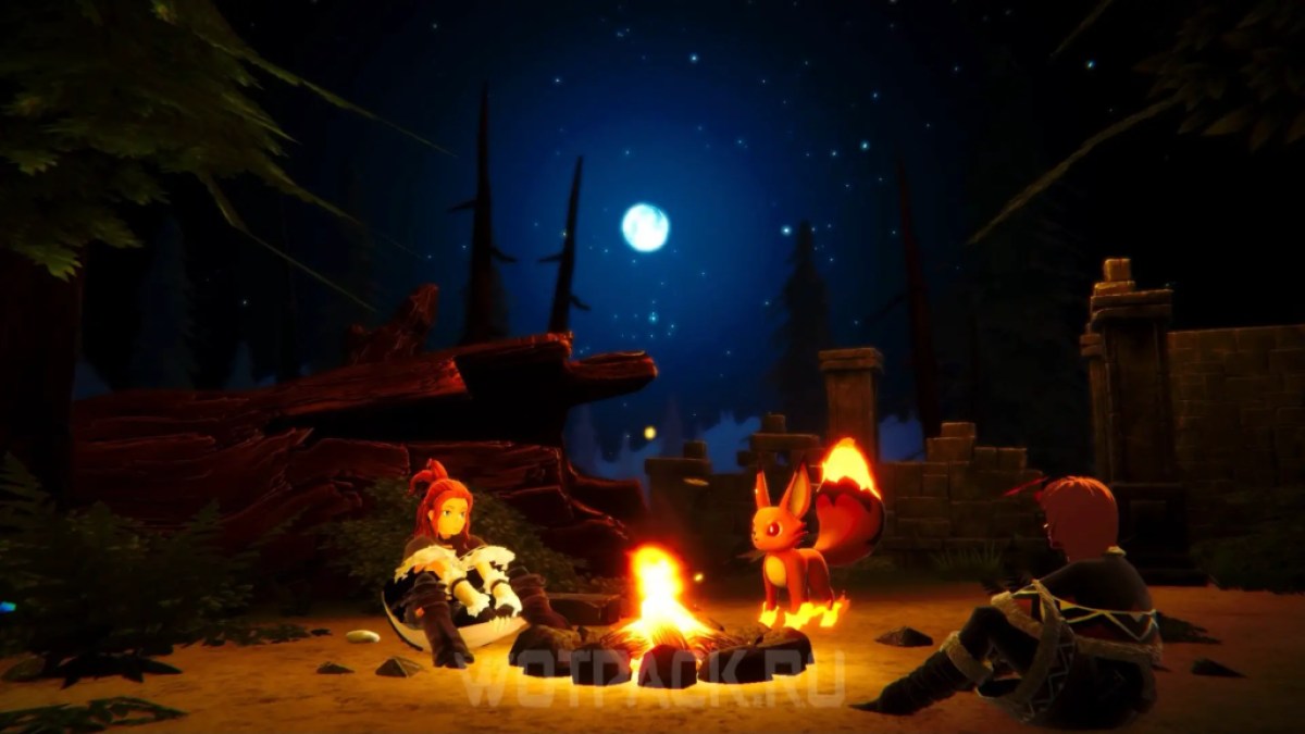 A group of players sitting around a campfire in Palworld. This image is part of an article about how and where to catch Digtoise and another about how to get and make Cake in Palworld.
