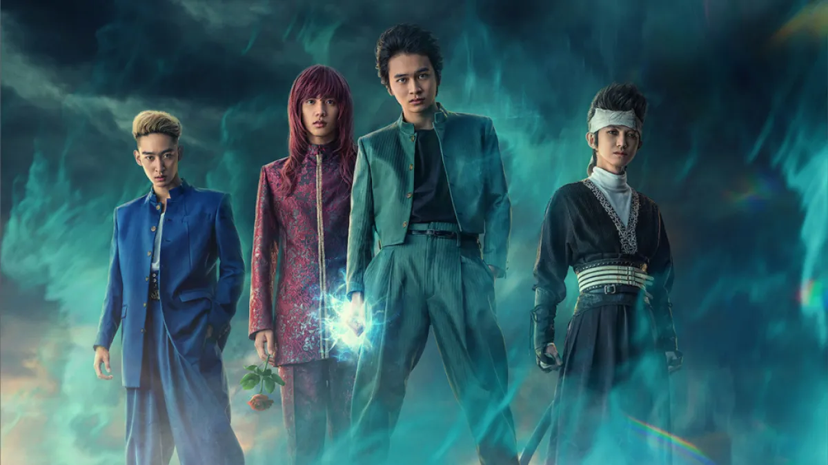 Five people standing by each other in a cloud of blue flog. This image is part of an article about the English dub voice actors and cast list for Netflix's Yu Yu Hakusho. 