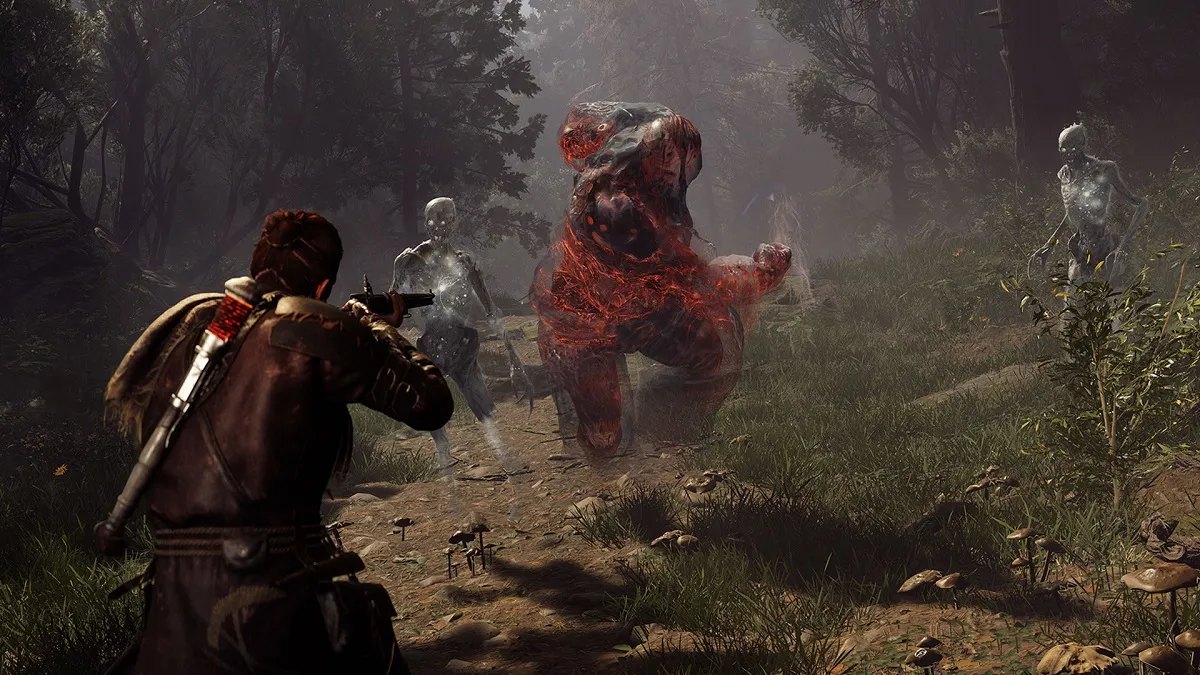 Image of Red aiming his rifle at a massive red specter charging at him in a forest in Banishers: Ghosts of New Eden.