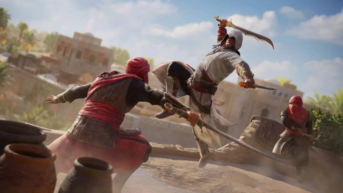 Basim Ibn Ishaq fighting in Assassin's Creed Mirage. This image is part of an article about how to play the Assassin's Creed games in order