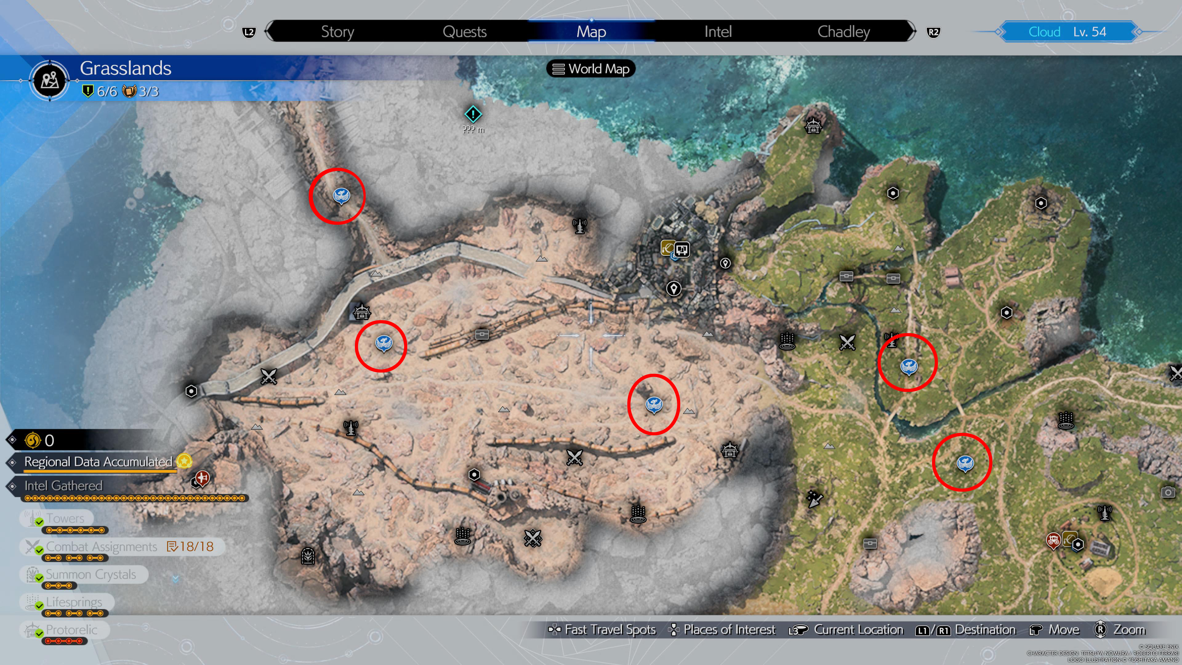 An image showing all the Chocobo Stops in the Grasslands region of Final Fantasy 7 (FF7) Rebirth.